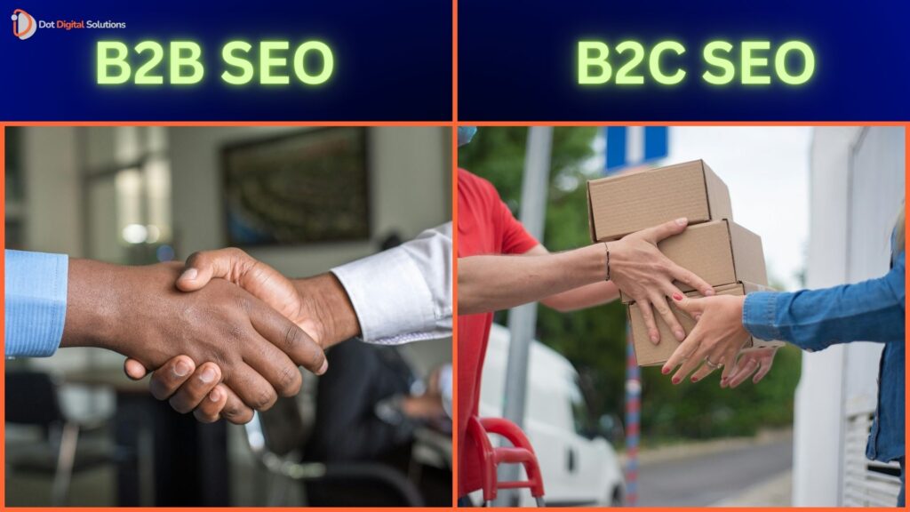 B2B SEO vs. B2C SEO - Image comparing business-to-business and business-to-consumer search engine optimization strategies. Left side shows a handshake representing B2B SEO, while the right side shows a delivery person handing over a package to a customer, symbolizing B2C SEO.