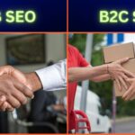 B2B SEO vs. B2C SEO - Image comparing business-to-business and business-to-consumer search engine optimization strategies. Left side shows a handshake representing B2B SEO, while the right side shows a delivery person handing over a package to a customer, symbolizing B2C SEO.